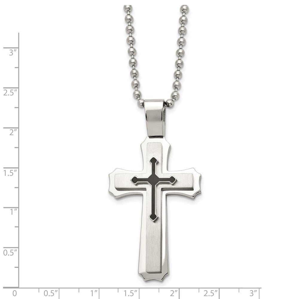 Stainless Steel Brushed and Polished w/Black Rubber Cross 24in Necklace