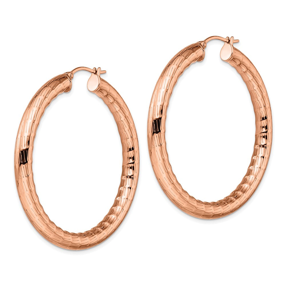 Stainless Steel Polished and Textured Rose IP-plated Hoop Earrings