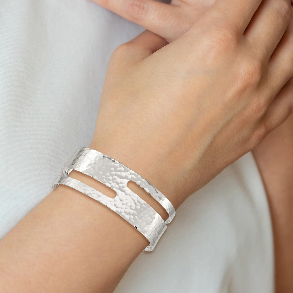 Sterling Silver Solid Polished Hammered Fancy Cuff Bangle Bracelet 8 inches