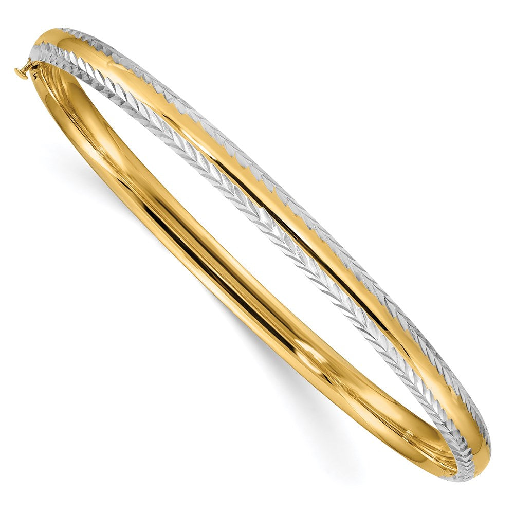 14k 3/16 w/White Rhodium Diamond-Cut Hinged Bangle 7.5 inches