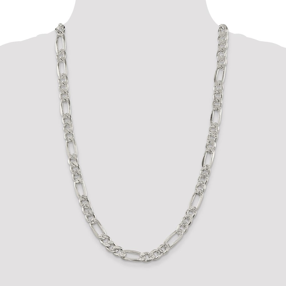 Sterling Silver 9.5mm Pav‚ Flat Figaro Chain 26 Inches