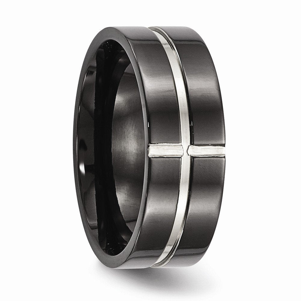 Titanium Polished Black IP-plated 8mm Grooved Comfort Fit Band Size - 11