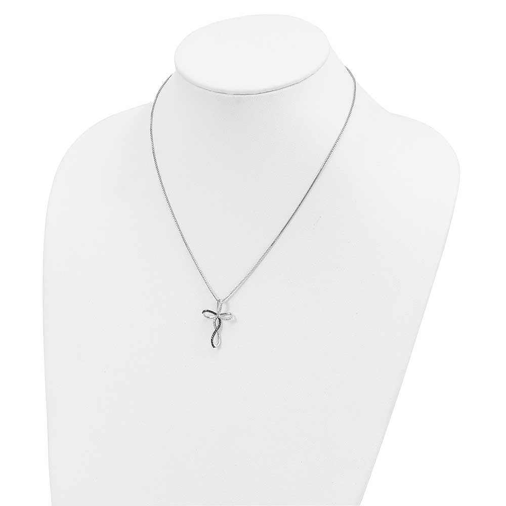 White Night Sterling Silver Rhodium-plated Black and White Diamond Cross 18 Inch Necklace with 2 Inch Extender 18 Inches
