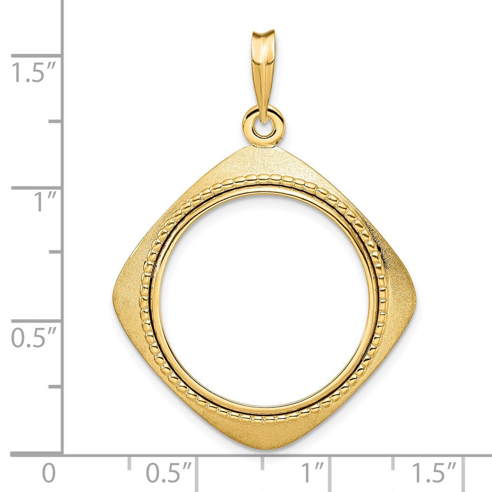 Wideband Distinguished Coin Jewelry 14k Polished Textured and Beaded Diamond Shaped 22.0mm Prong Coin Bezel Pendant