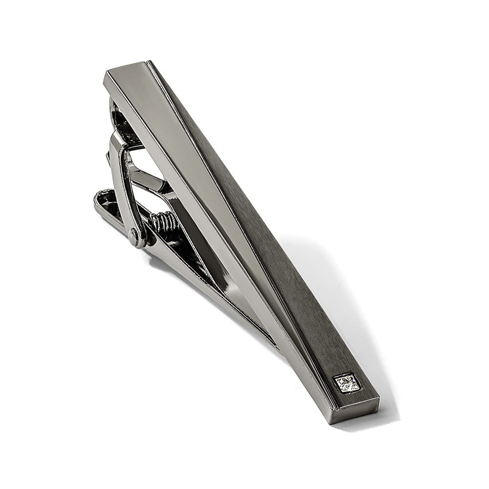 Chisel Stainless Steel Brushed and Polished Gunmetal IP-plated with CZ Tie Bar