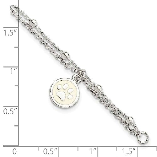 Sterling Silver 2-Strand Heart and Enameled Paw Print Bracelet 7.5 inches