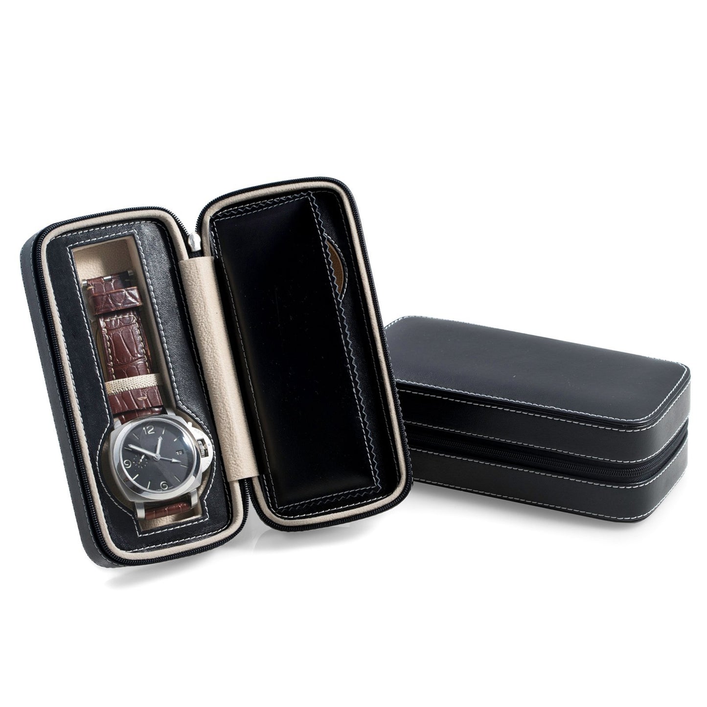 Bey-Berk International BB591BLK Black Leather Two Watch Travel Case with Form Fit Compartments
