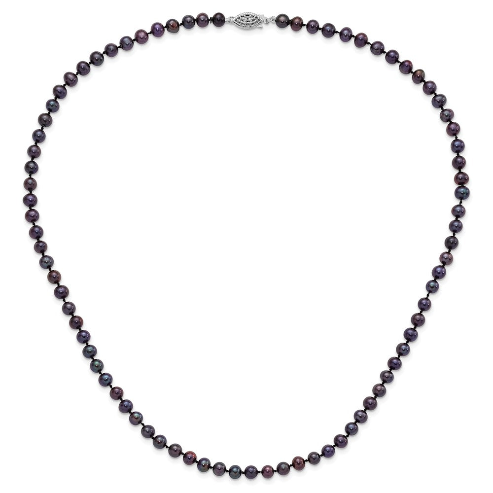 Sterling Silver Rhodium-plated 5-6mm Black Near-Round Freshwater Cultured Pearl 24 inch Necklace 24 Inches