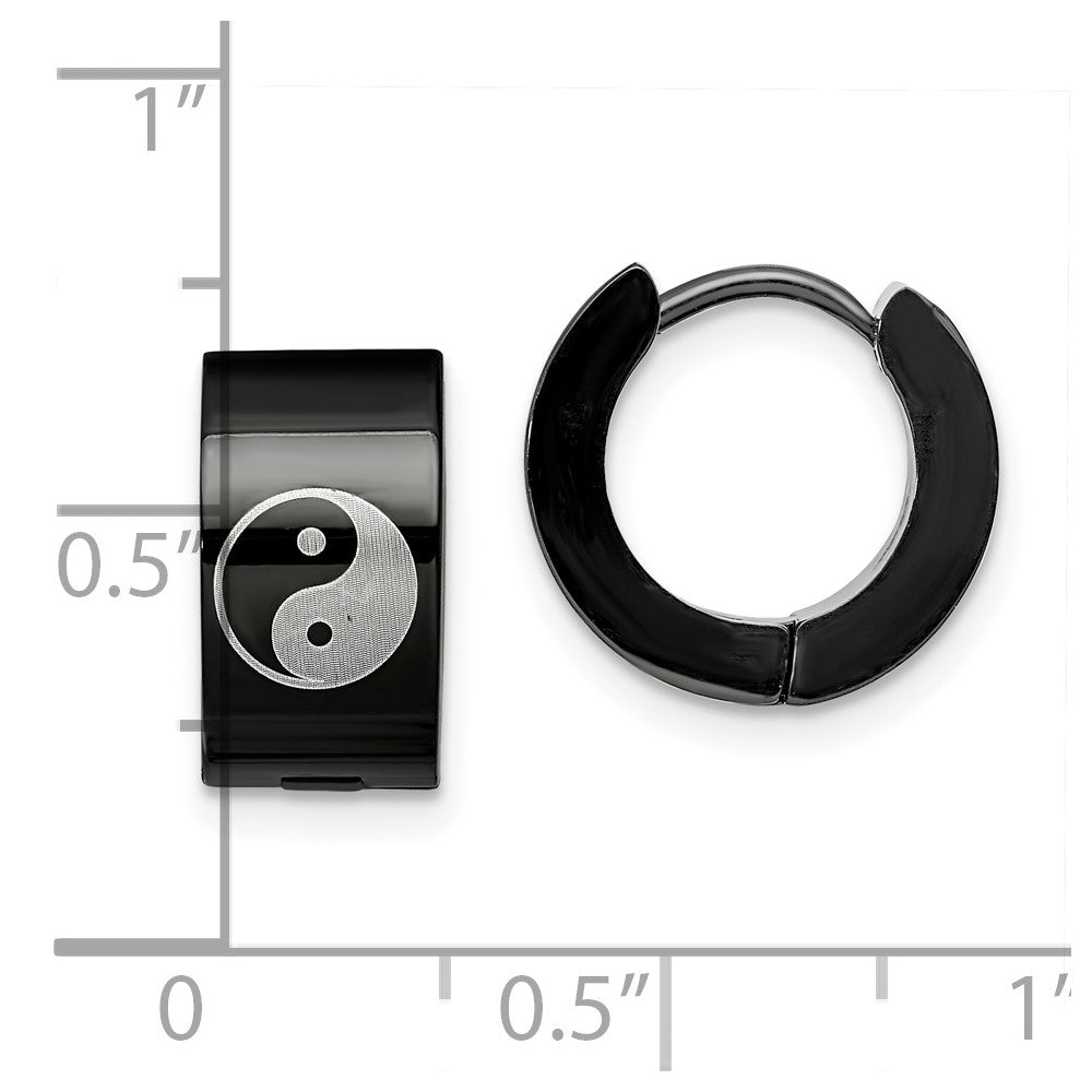 Stainless Steel Polished Black IP 7mm Hinged Hoop w/Yin Yang Earrings