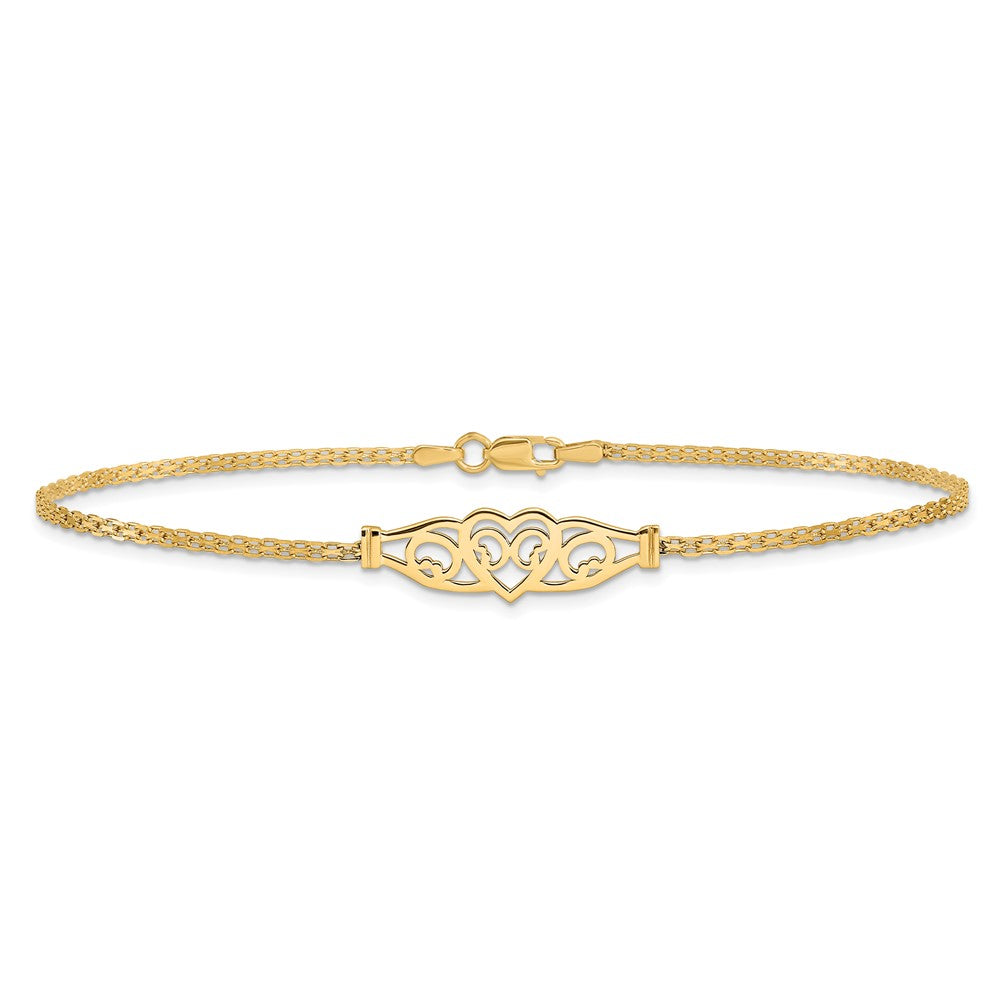 14k Polished Filigree Heart 10inch Anklet 9 inches