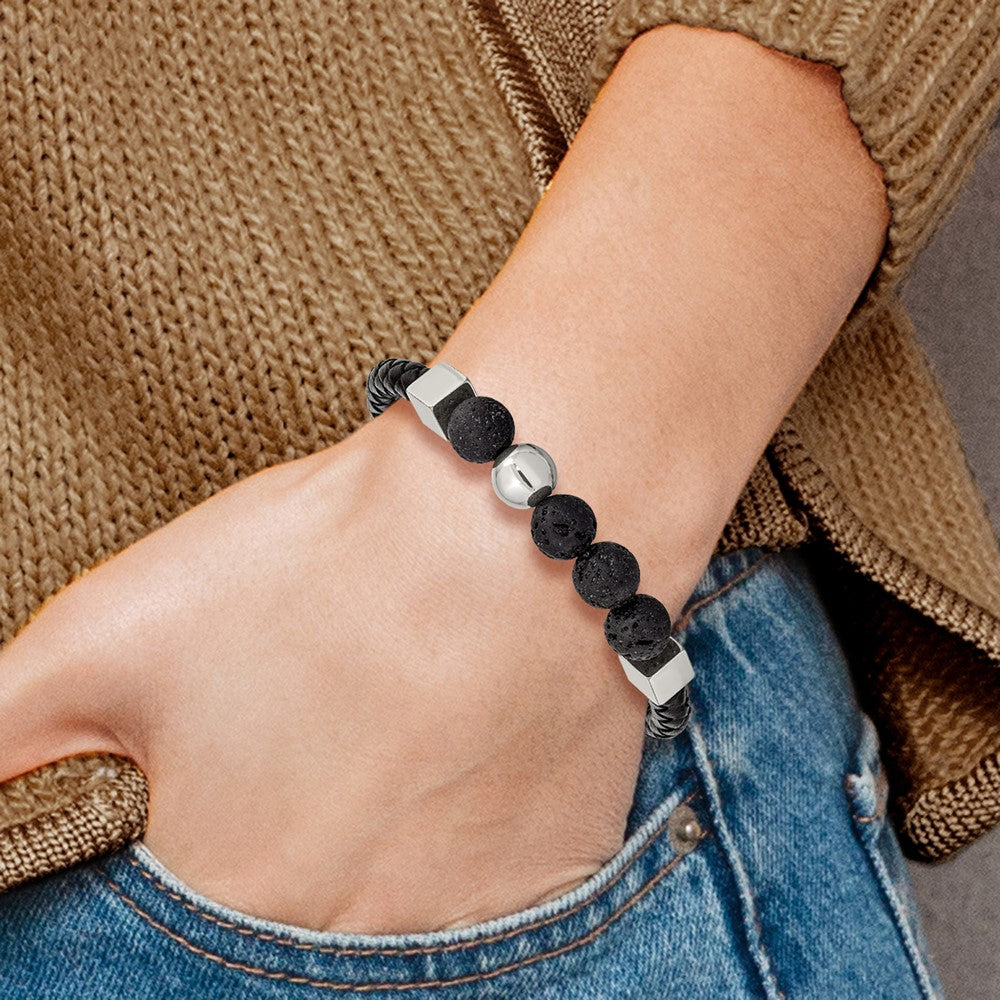 Stainless Steel Polished w/Lava Stone Black Leather 8in Bracelet 8 inches