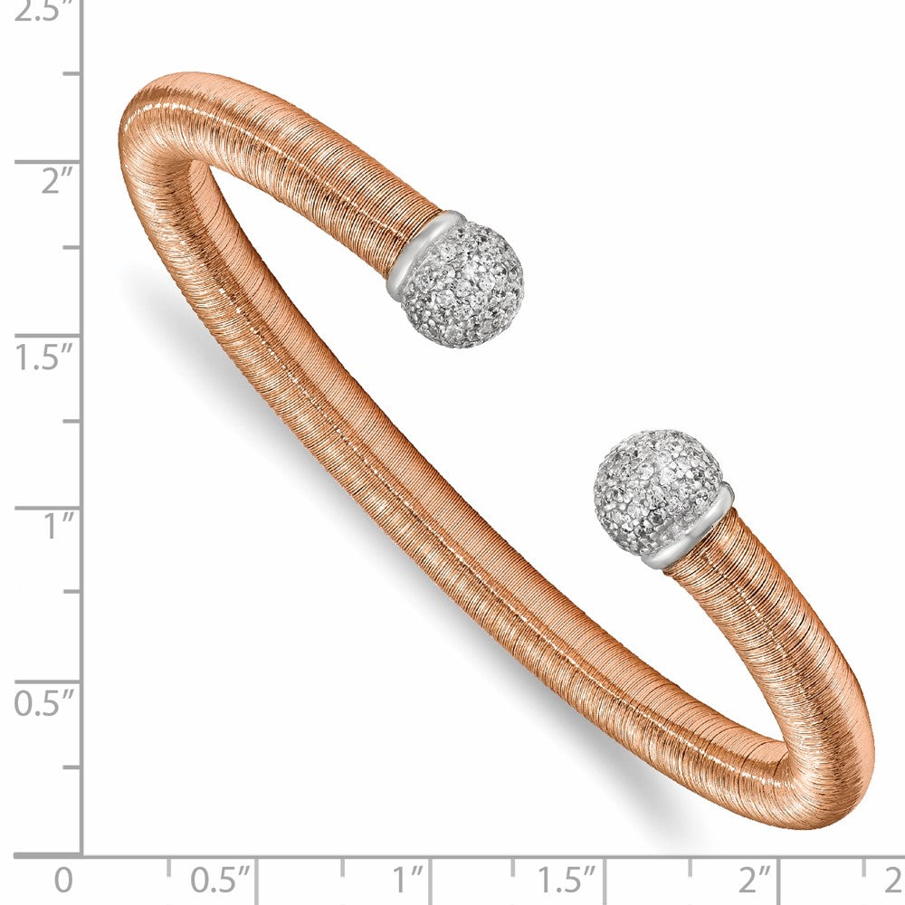 Sterling Silver Rose Rhodium CZ Textured Cuff Bangle