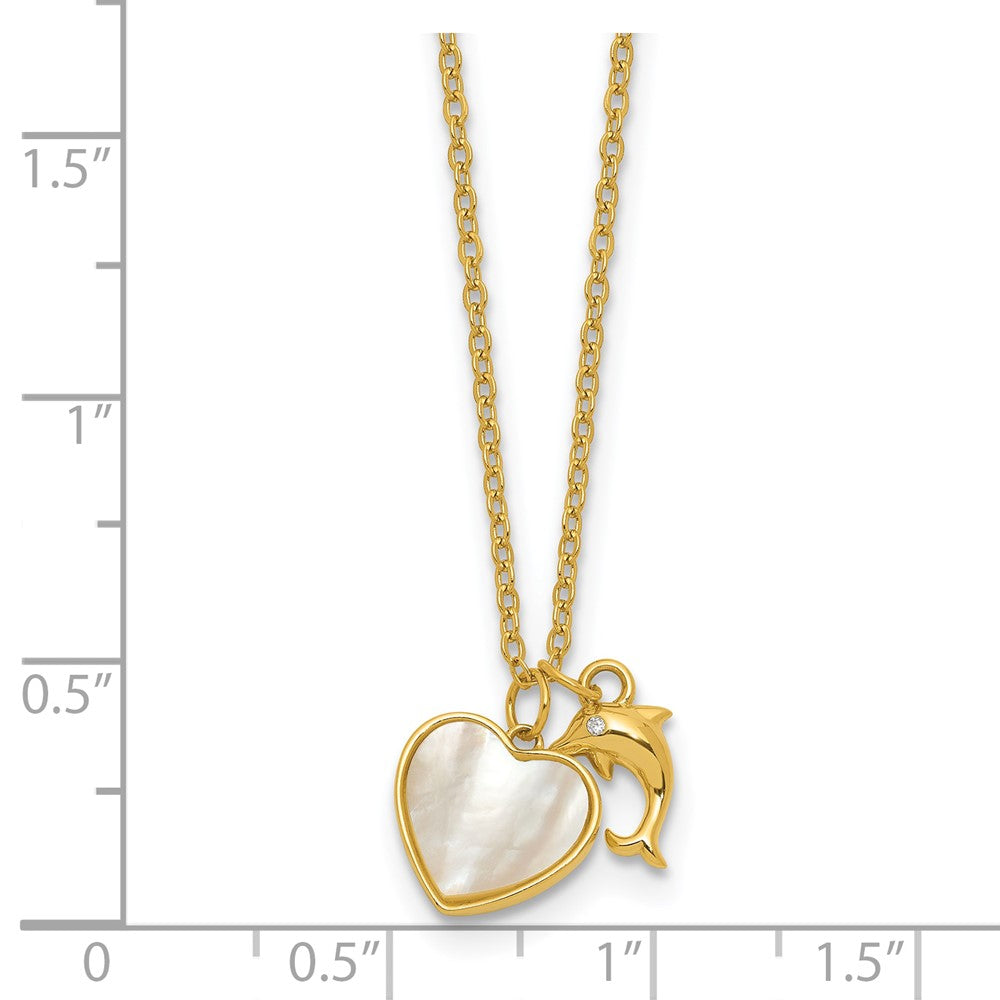 SS Gold-tone MOP and CZ Heart and Dolphin 16in w/2in Ext Necklace 16 Inches