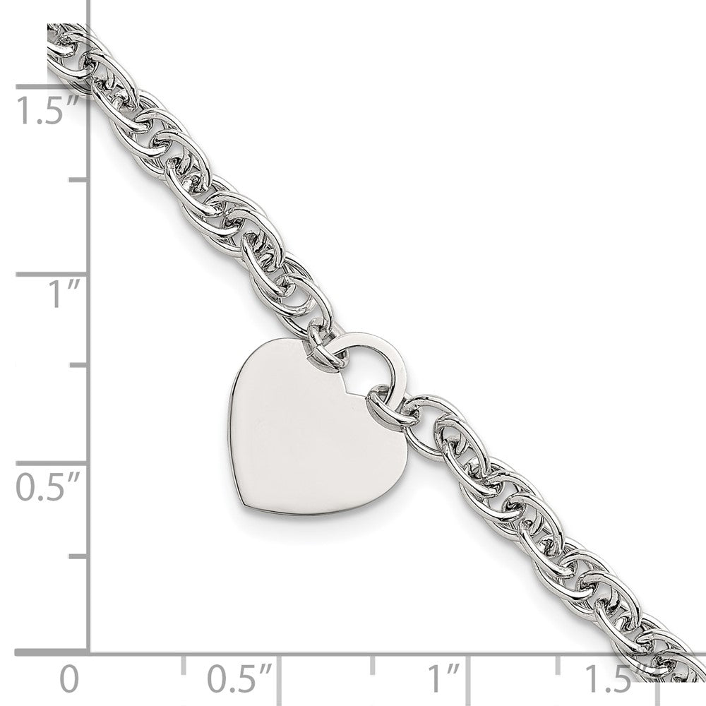 Sterling Silver Polished Fancy Engravable Heart Disc on Rope Chain 7 Inch with 1 Inch Extension Bracelet 8 inches