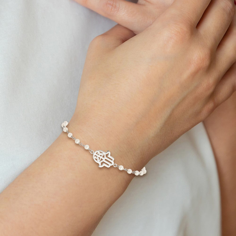 Sterling Silver Hamsa w/ Simulated Pearl Adjustable Bracelet 9 inches