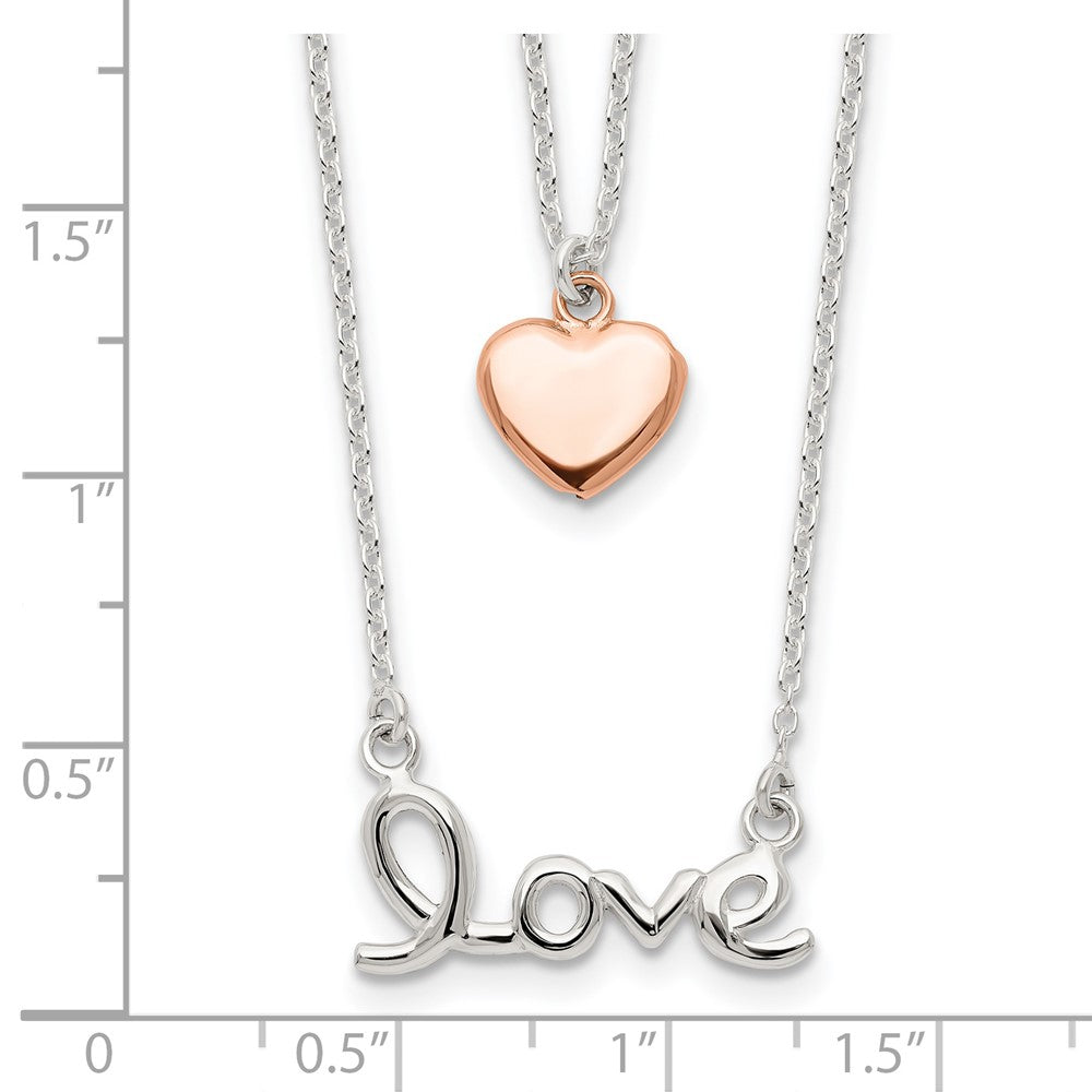 Sterling Silver Rose-tone LOVE and Heart 18in Necklace 18 Inches
