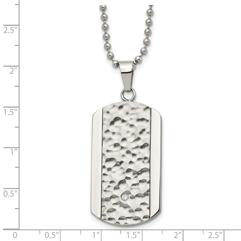 Stainless Steel Polished and Hammered w/CZ Dog Tag 22in Necklace