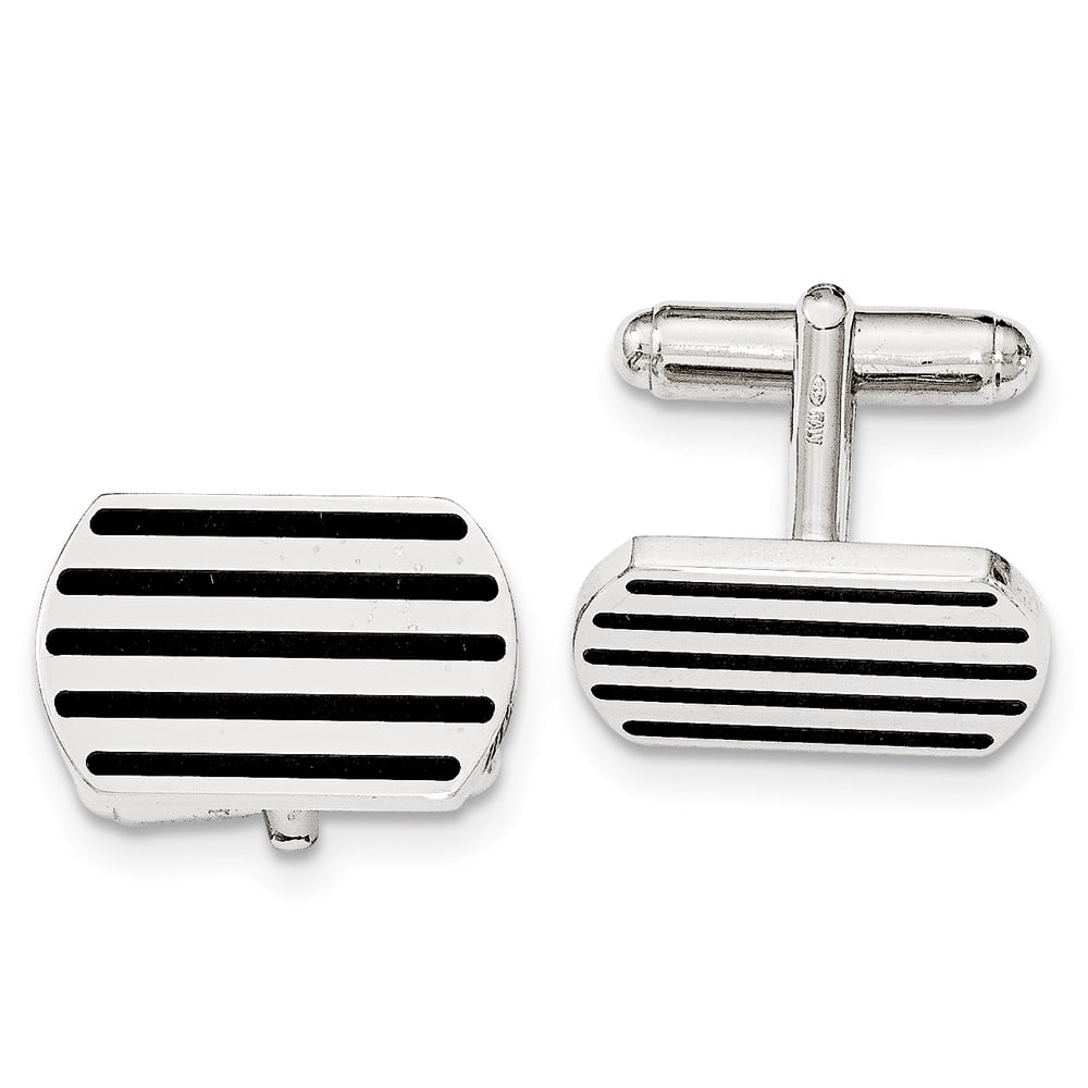 Men's Sterling Silver & Black Rubber Polished Striped Cuff Links