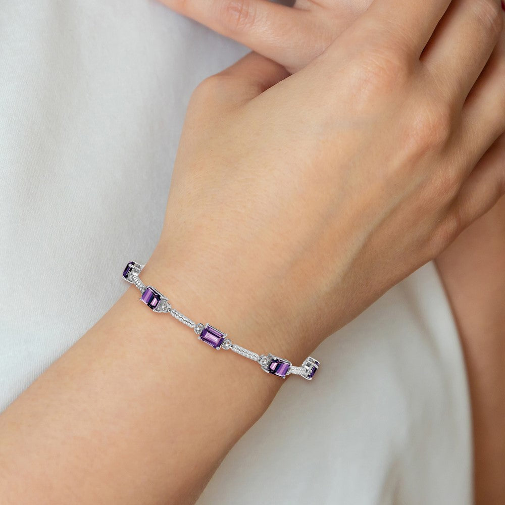 Sterling Silver Rhodium-plated Amethyst & Diamond Tennis Bracelet 7.5 inches