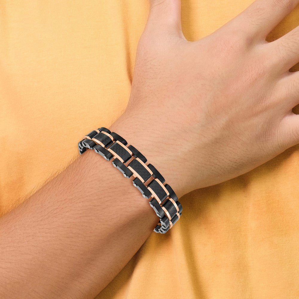 Stainless Steel Brushed Polished Black/Rose IP Carbon Fiber 8.5in Bracelet 8.5 inches