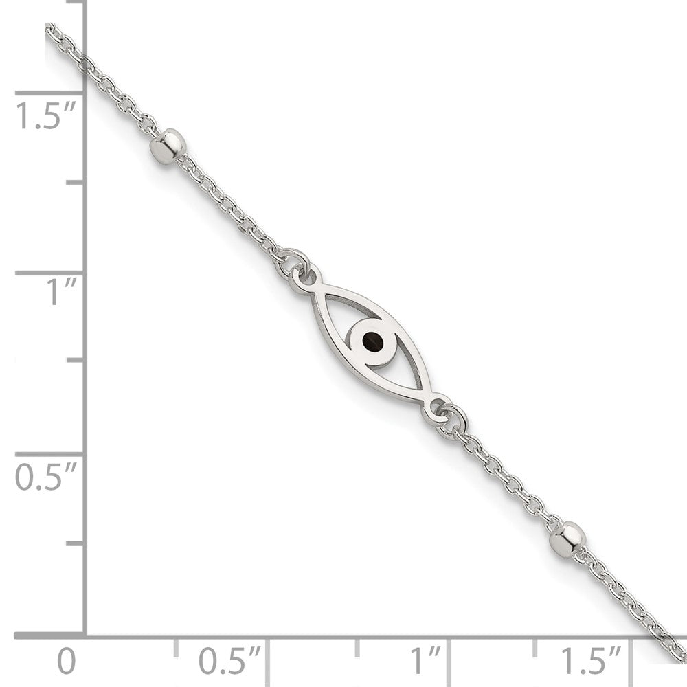 Sterling Silver Polished Beaded Black Enamel Evil Eye 7 inch with 1 inch Extension Bracelet