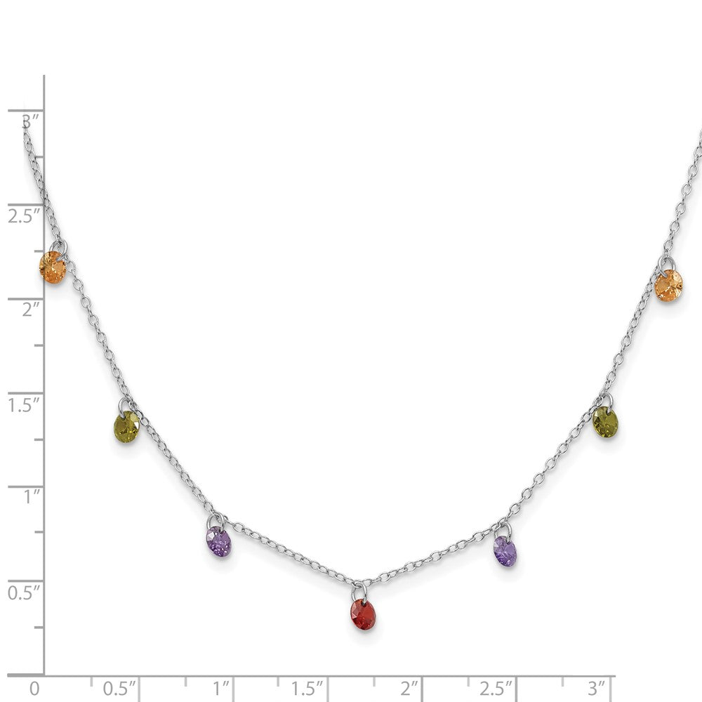 Prizma Sterling Silver Rhodium Plated 16 inch Dangling Colorful CZ Necklace with 2 inch Extender 16 Inches