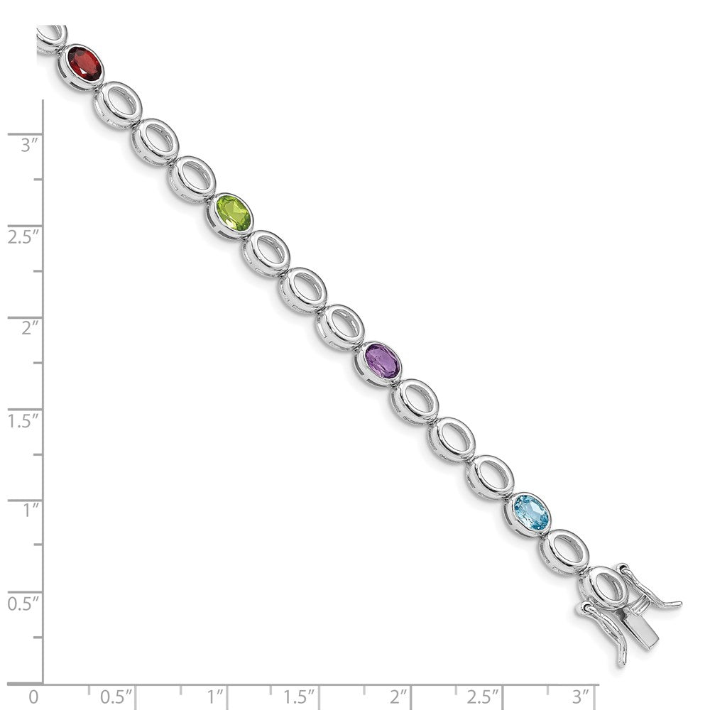 Sterling Silver Rhod-plat Amethyst Blue Topaz Garnet Peridot Bracelet 7.5 inches