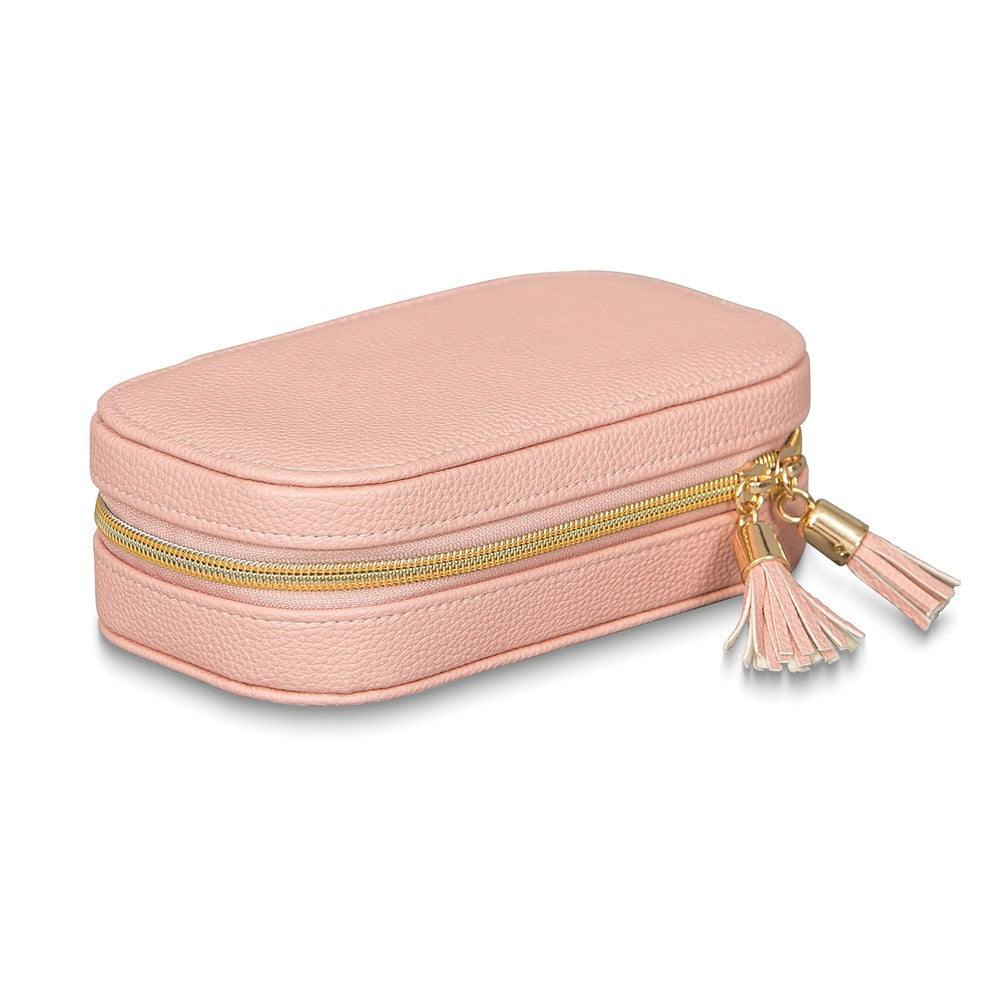 Pink Vegan Leather Multiple Compartment Zippered Travel Jewelry Case