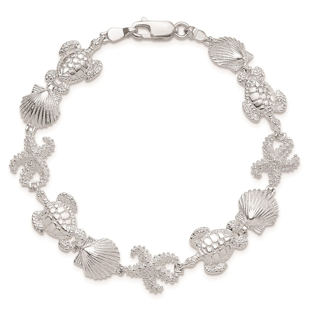 De-Ani Sterling Silver Rhodium-Plated Polished Turtle / Shell / Starfish Bracelet 7.5 inches