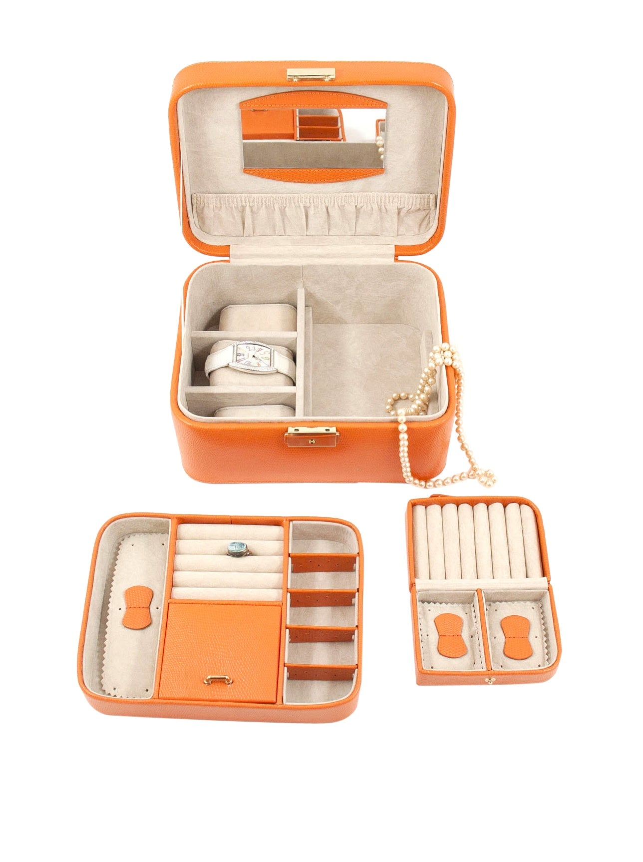 Bey-Berk Jewelry Box Case w/ Handle | Orange Lizard Debossed Leather | BB534ORG