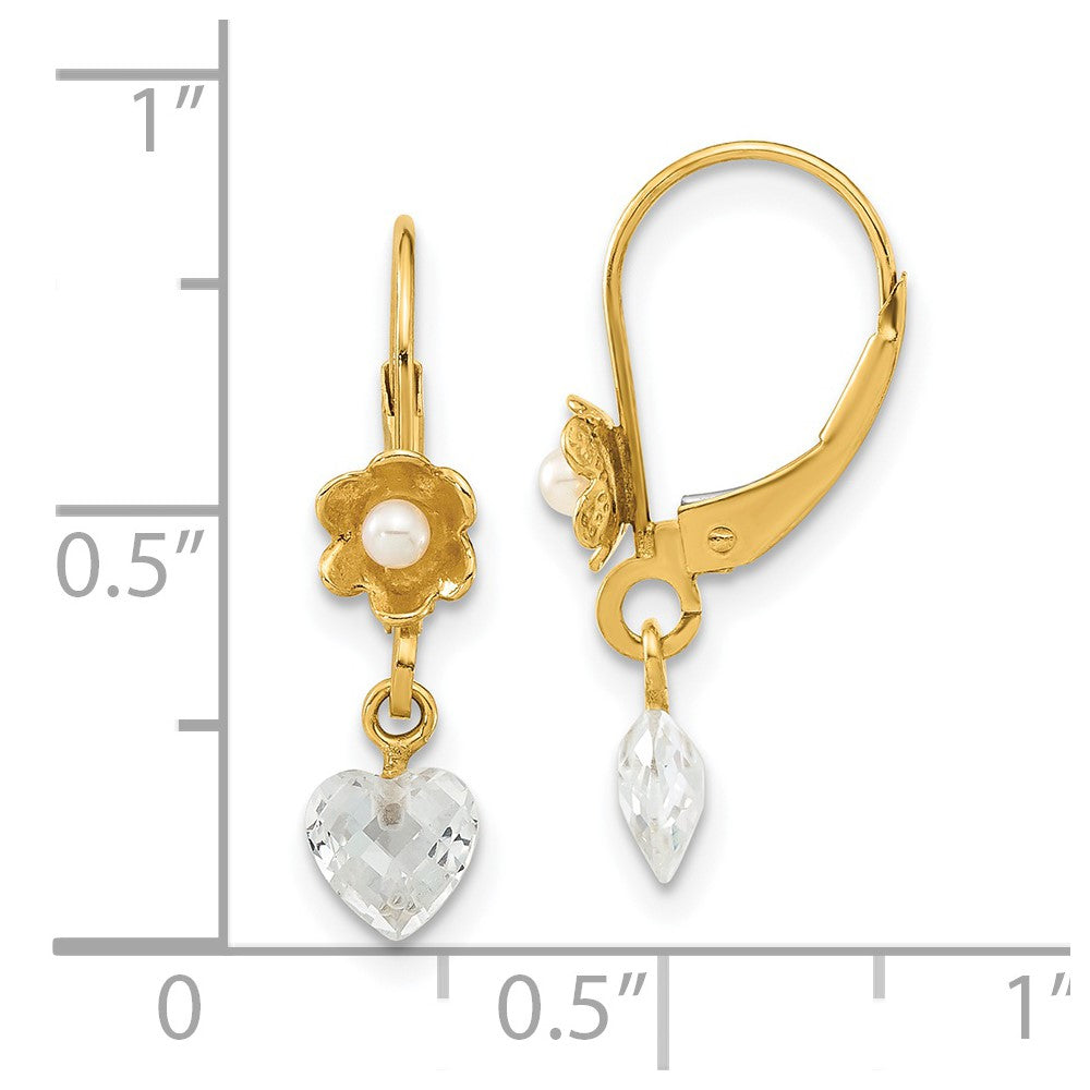 14ky Polished Freshwater Cultured Pearl & CZ Flower Leverback Earrings