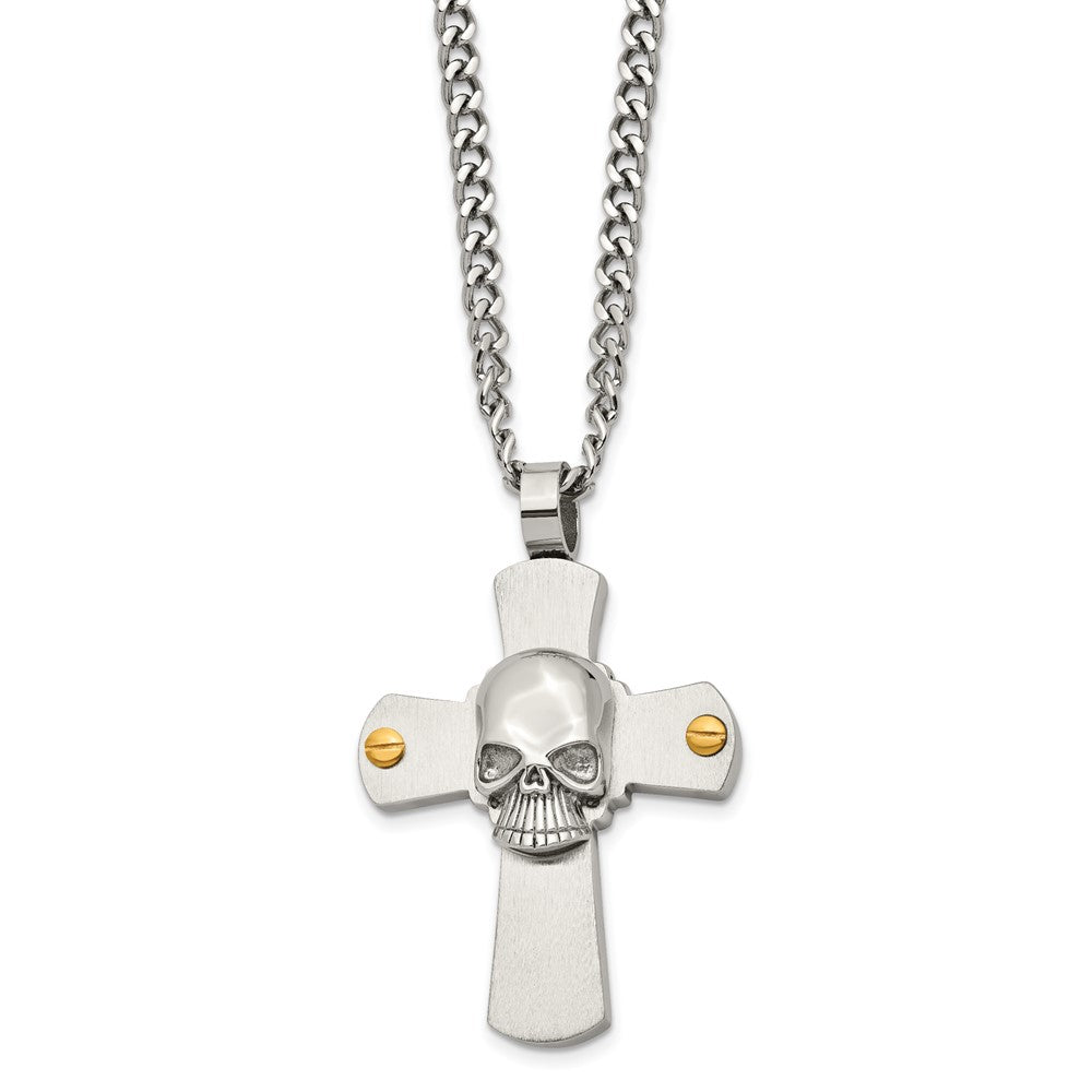 Stainless Steel Brushed & Polished Yellow IP Cross w/Skull 24in Necklace