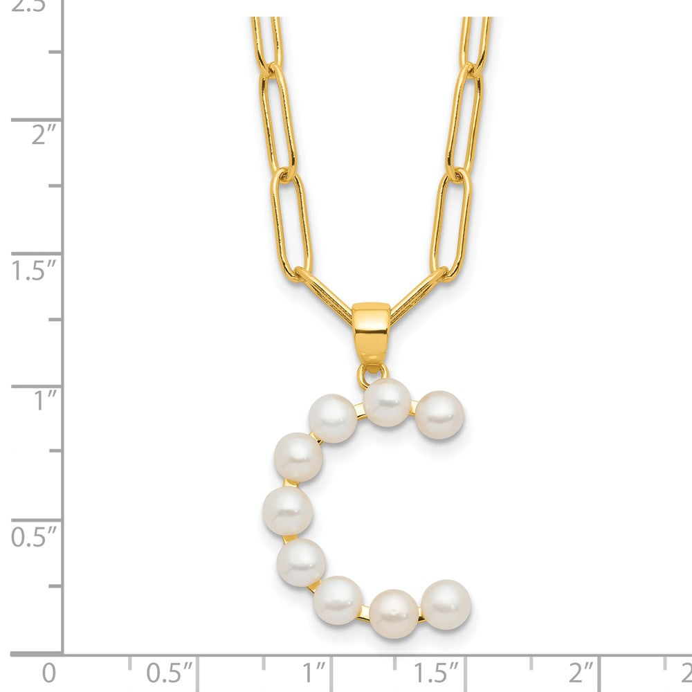Sterling Silver Gold-plated 3-5.5mm White Button Freshwater Cultured Pearl LETTER C 18 inch Necklace