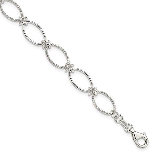 Sterling Silver Polished Textured Fancy Oval Link Bracelet 7.5 inches
