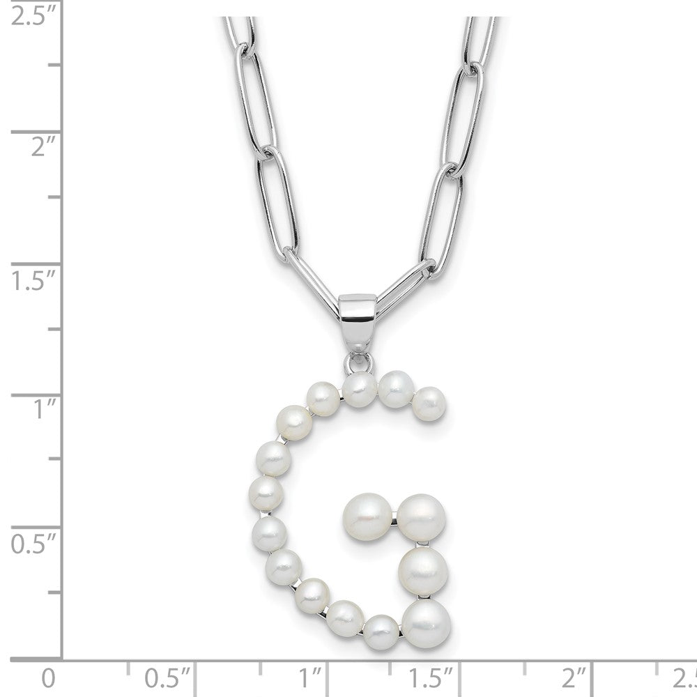 Sterling Silver Rhodium-plated 3-5.5mm White Button Freshwater Cultured Pearl LETTER G 18 inch Necklace