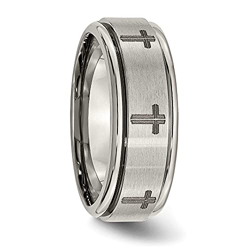 Titanium Brushed & Polished Cross Laser Design 8mm Ridged Edge Band Size - 10.5