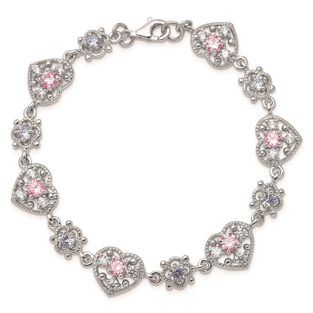 Sterling Silver Rhod-plated 7inch Pink and Clear CZ Heart Bracelet 7 inches