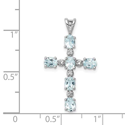 Sterling Silver Rhodium Plated Diamond & Aquamarine Cross Pendant