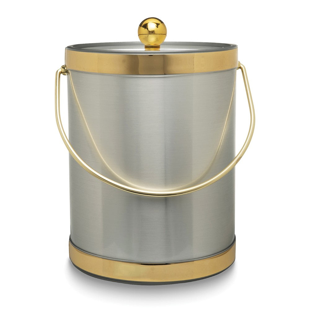 Gold with Silver Two-tone Metallic Mylar Double Wall Insulated Five Quart Ice Bucket with Stainless Steel Tongs