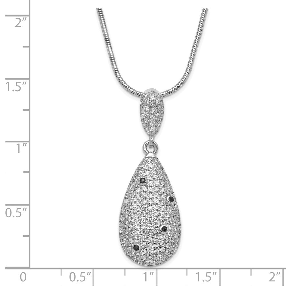 Sterling Silver Black & Clear CZ Brilliant Embers w/ 2in ext Teardrop Necklace