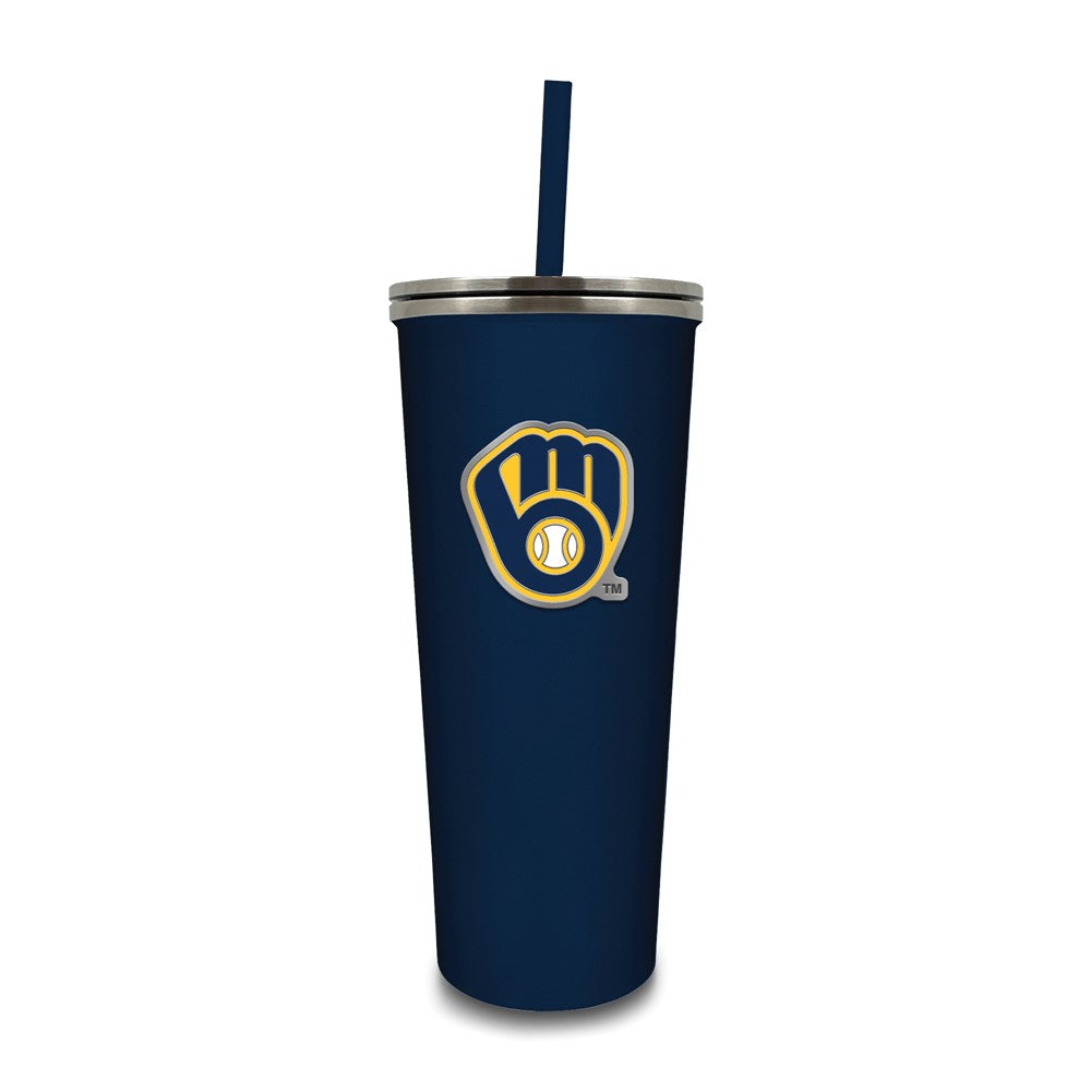 MLB Milwaukee Brewers Stainless Steel 24 ounce Skinny Tumbler with Emblem and Straw