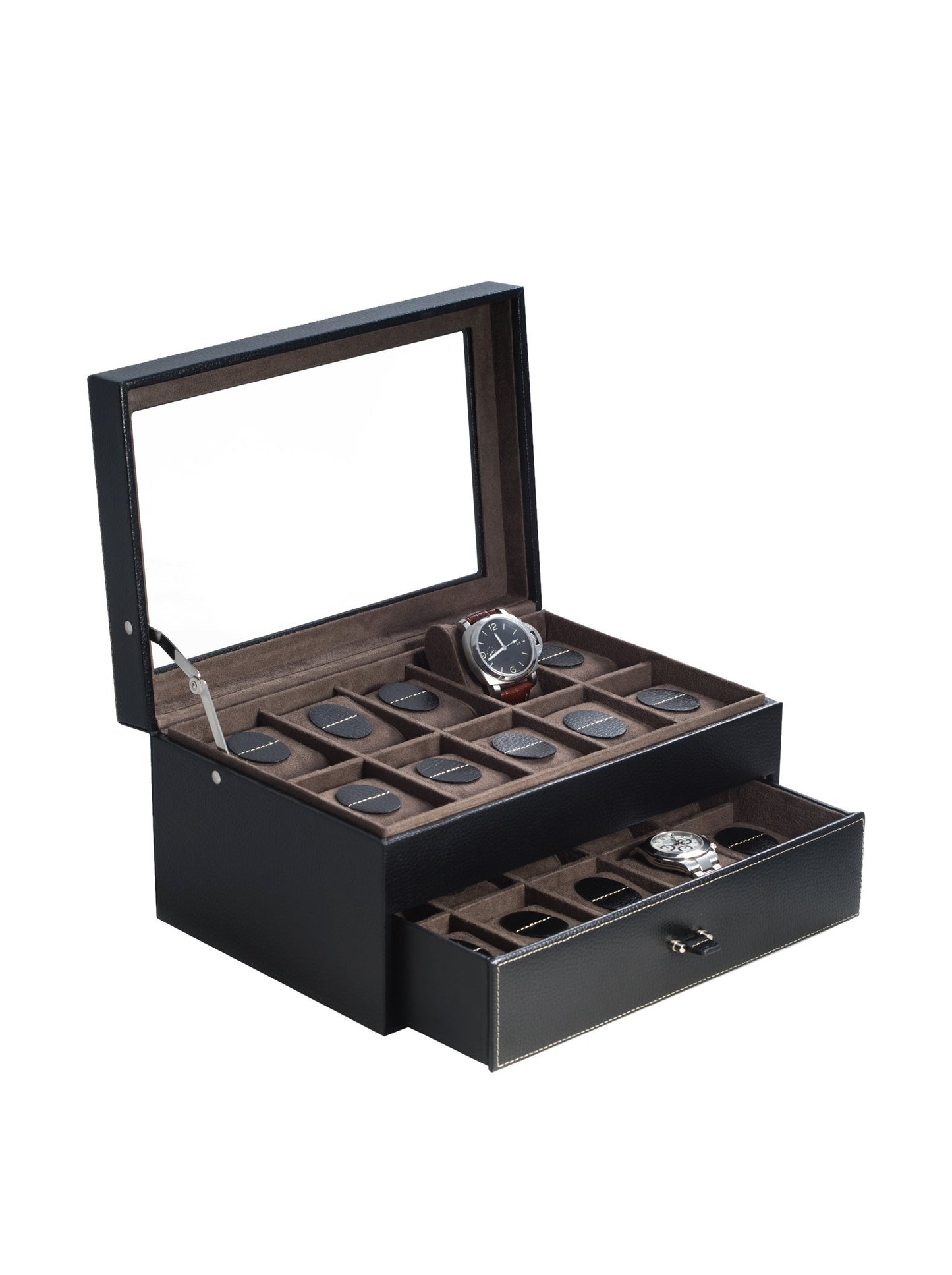 Bey-Berk International BB683BLK Black Pebbled Leather 20 Watch Case with Glass See-Thru