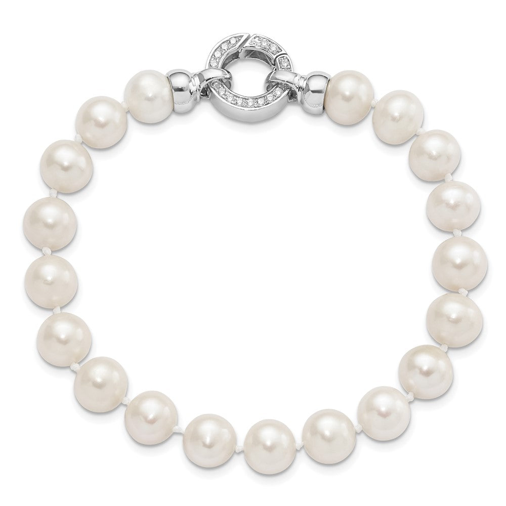 Sterling Silver Rhodium-plated 9-10mm White Near-Round Freshwater Cultured Pearl and CZ Fancy 7.5 inch Bracelet 7.5 inches