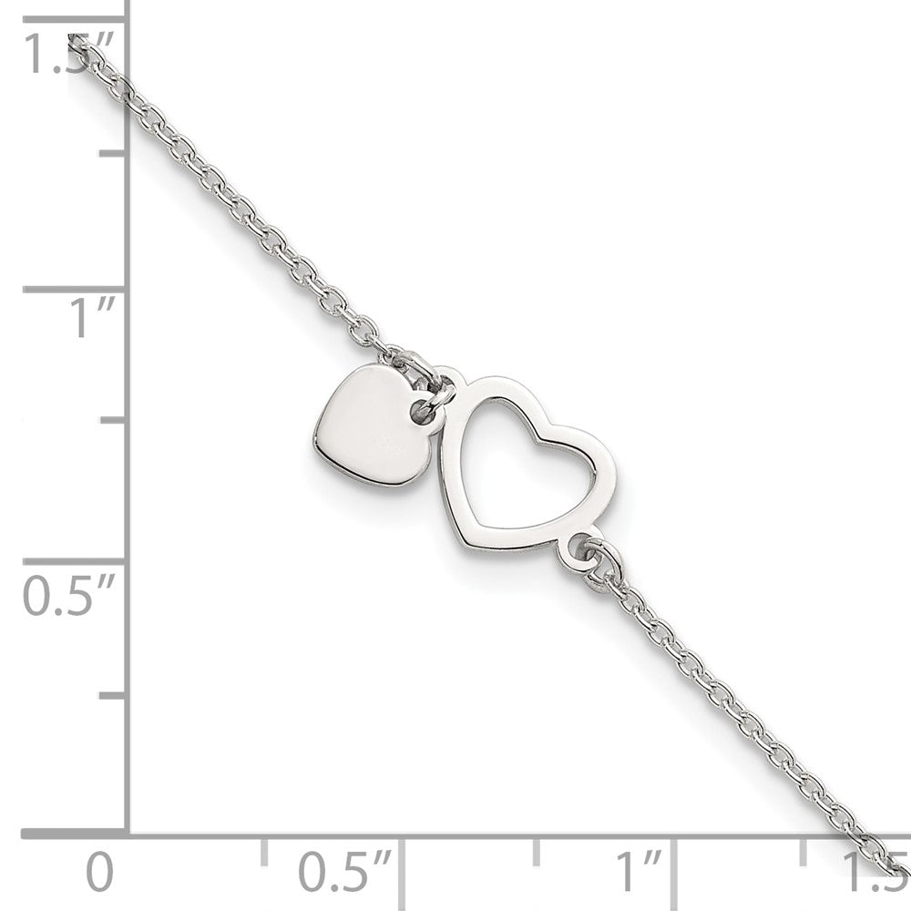 Sterling Silver Polished Double Heart 7 inch with 1 inch Extension Bracelet