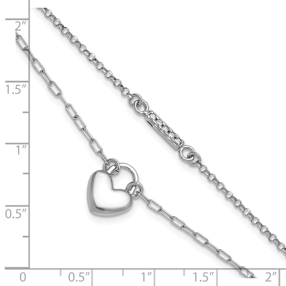 Sterling Silver Rhodium-plated CZ Puffed Heart 7 inch with 1 inch extender 2-strand Bracelet 8 inches