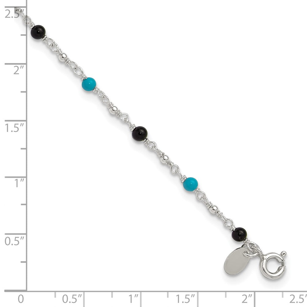 Sterling Silver Onyx/Turquoise Beads Anklet 10 inches