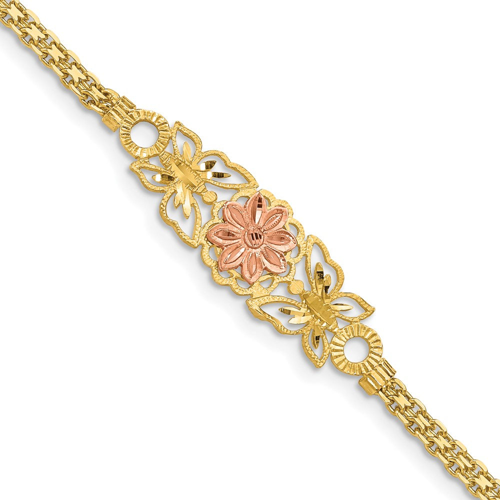 14K Two-tone Brushed & Polished Butterfly & Flowers Bracelet 7 inches