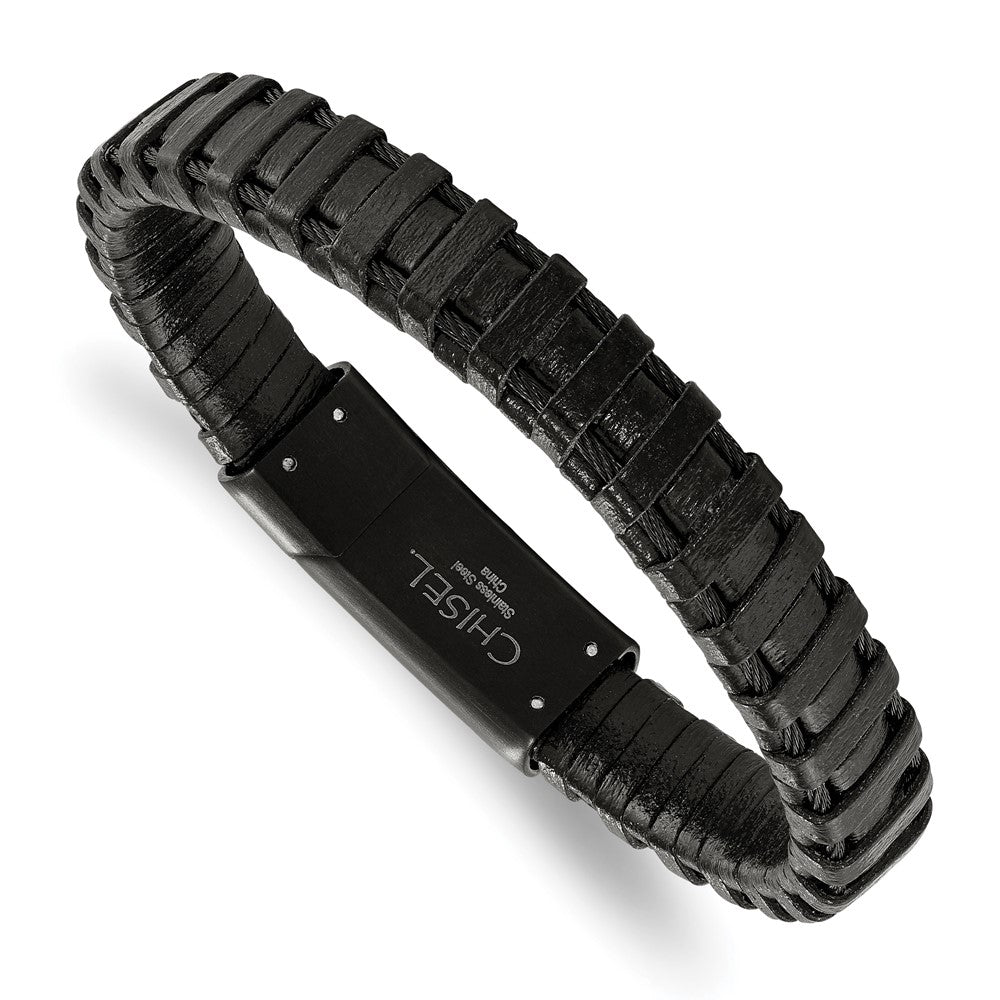 Stainless Steel Polished Black IP-plated Cable and Black Leather Bracelet 8 inches