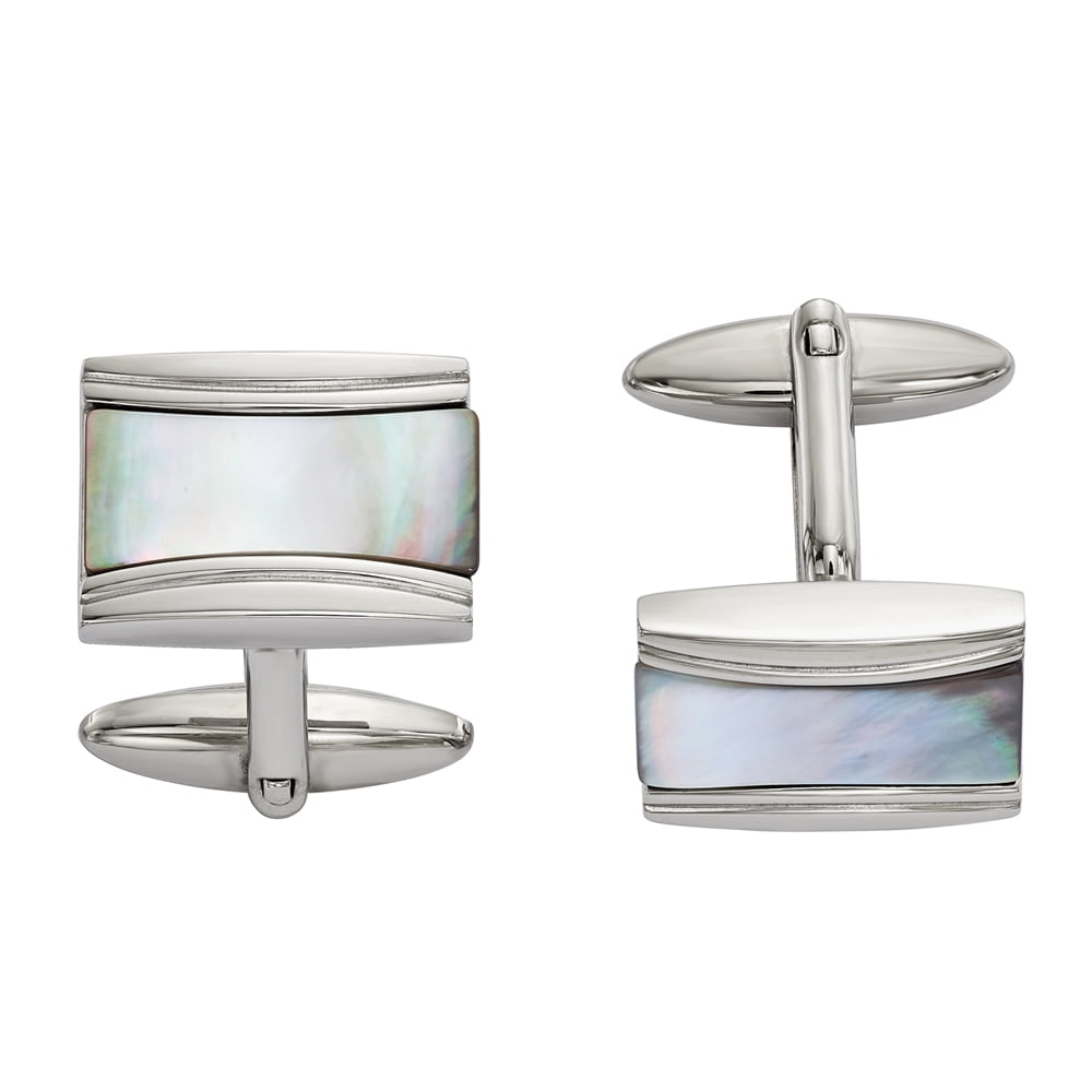 Stainless Steel Polished Rectangle Mother of Pearl Cuff Links
