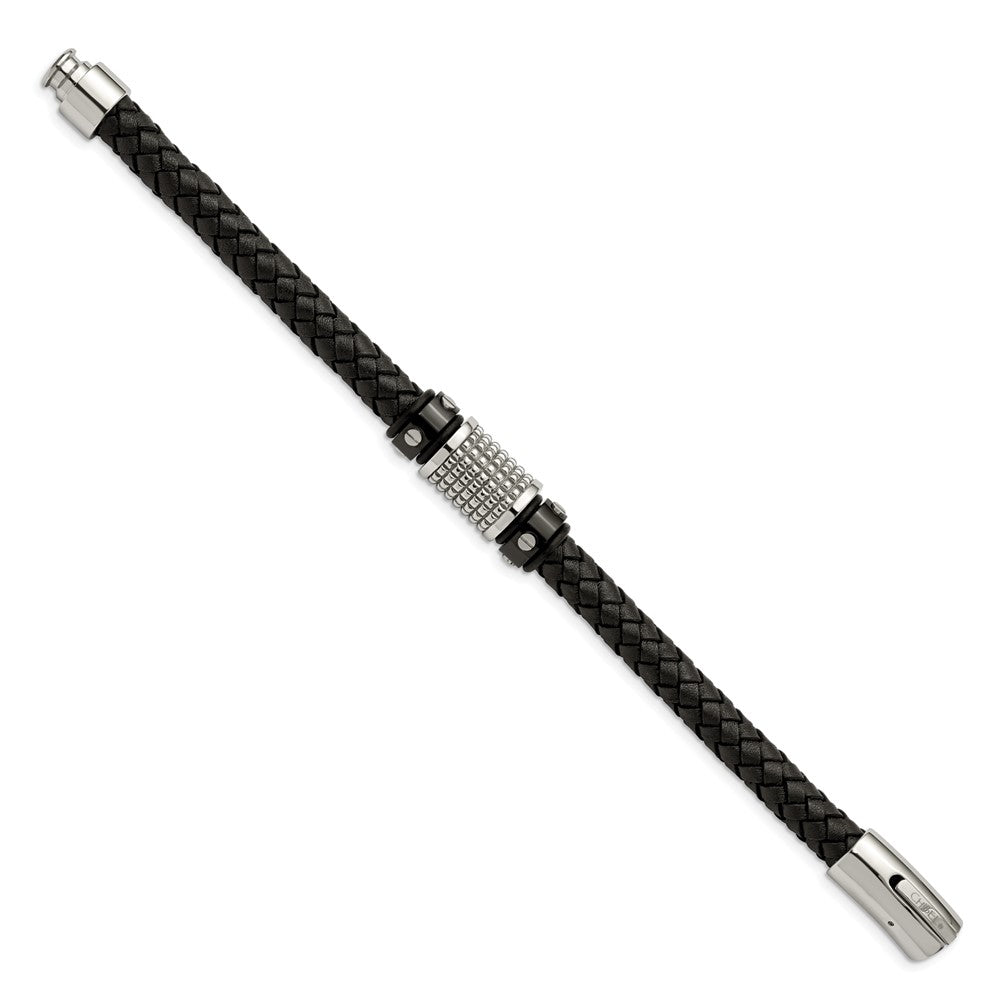 Stainless Steel Polished Black IP-plated Leather & Rubber Bracelet 8.5 inches